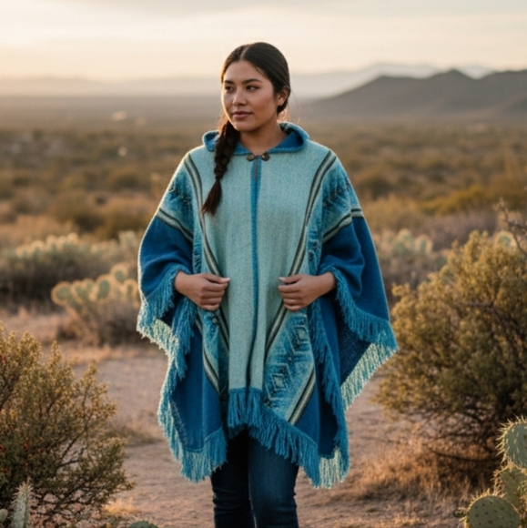 Blue and Green Turquoise Fringed Southwest Style Poncho - Picture 1 of 5